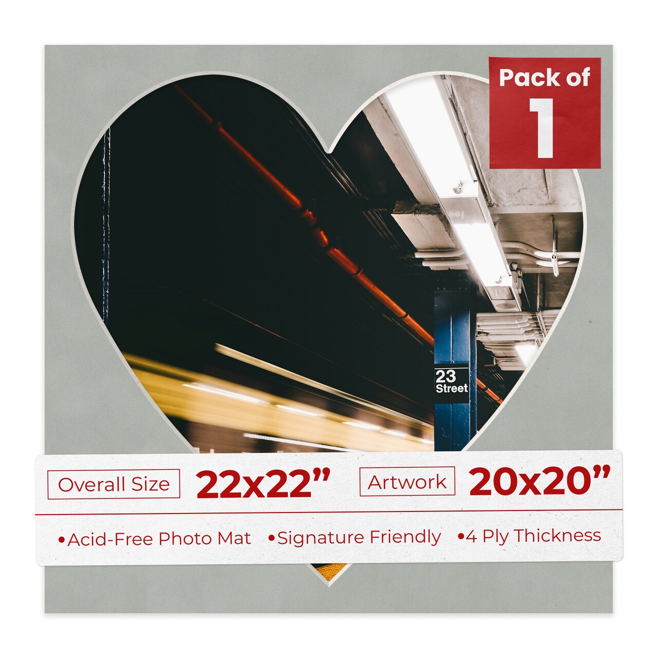 Light Grey Suede Mat Board for 22x22 Frames - Heart Opening for 20x20 Photos